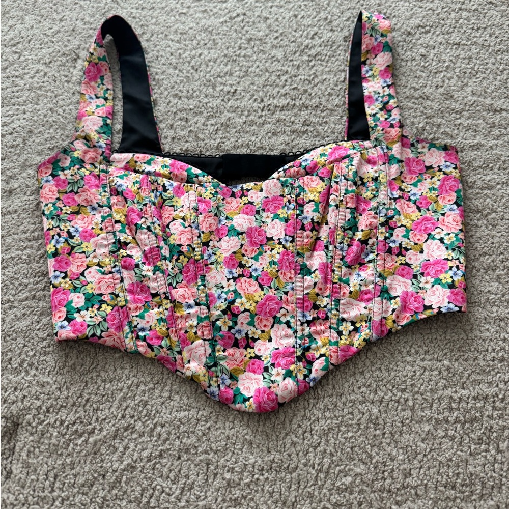 For Love And Lemons Floral Crop Top - Pink and Green